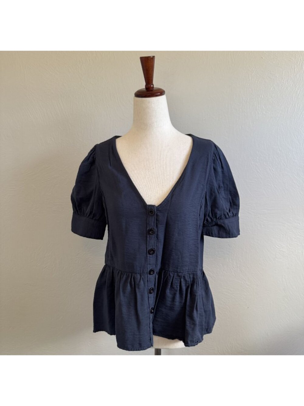 Madewell V-Neck Button-Front Peplum Top Short Puff Sleeve Blouse Blue Size S